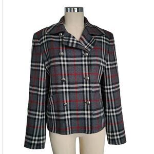 Vintage 90s Anne Klein II 100% Wool Gray Plaid Double Breasted Blazer Size 6 USA